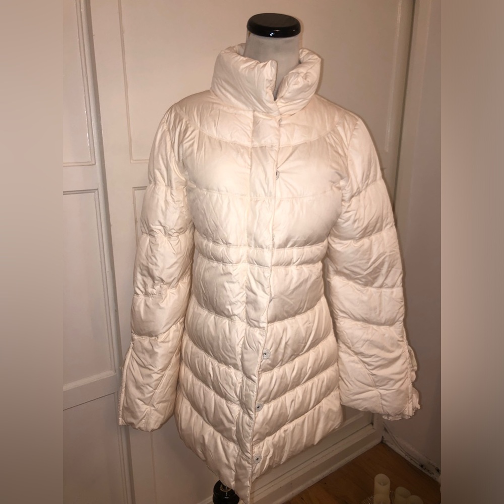 Arden B cream color puffer coat with rose design sleeves size medium